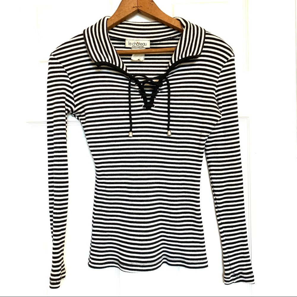 Vintage 90’s Le Chateau Long Sleeve Lace-up Top Black and White Stripe Size XS